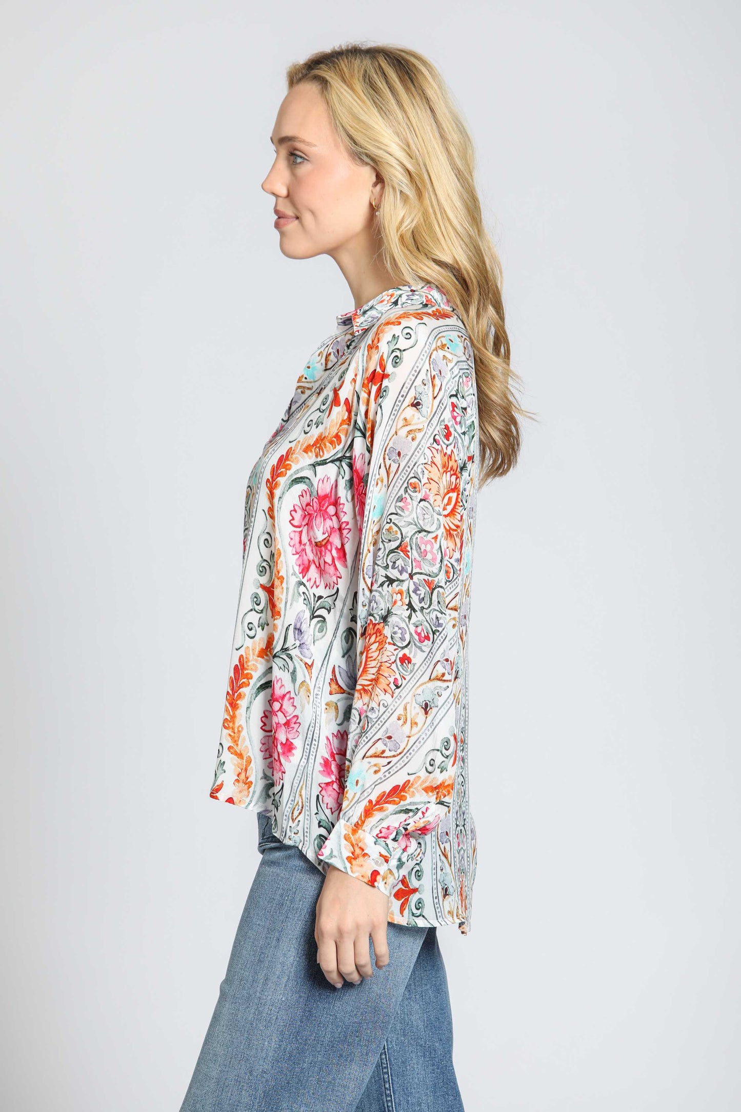 Half Placket Pullover Blouse Pink Multi