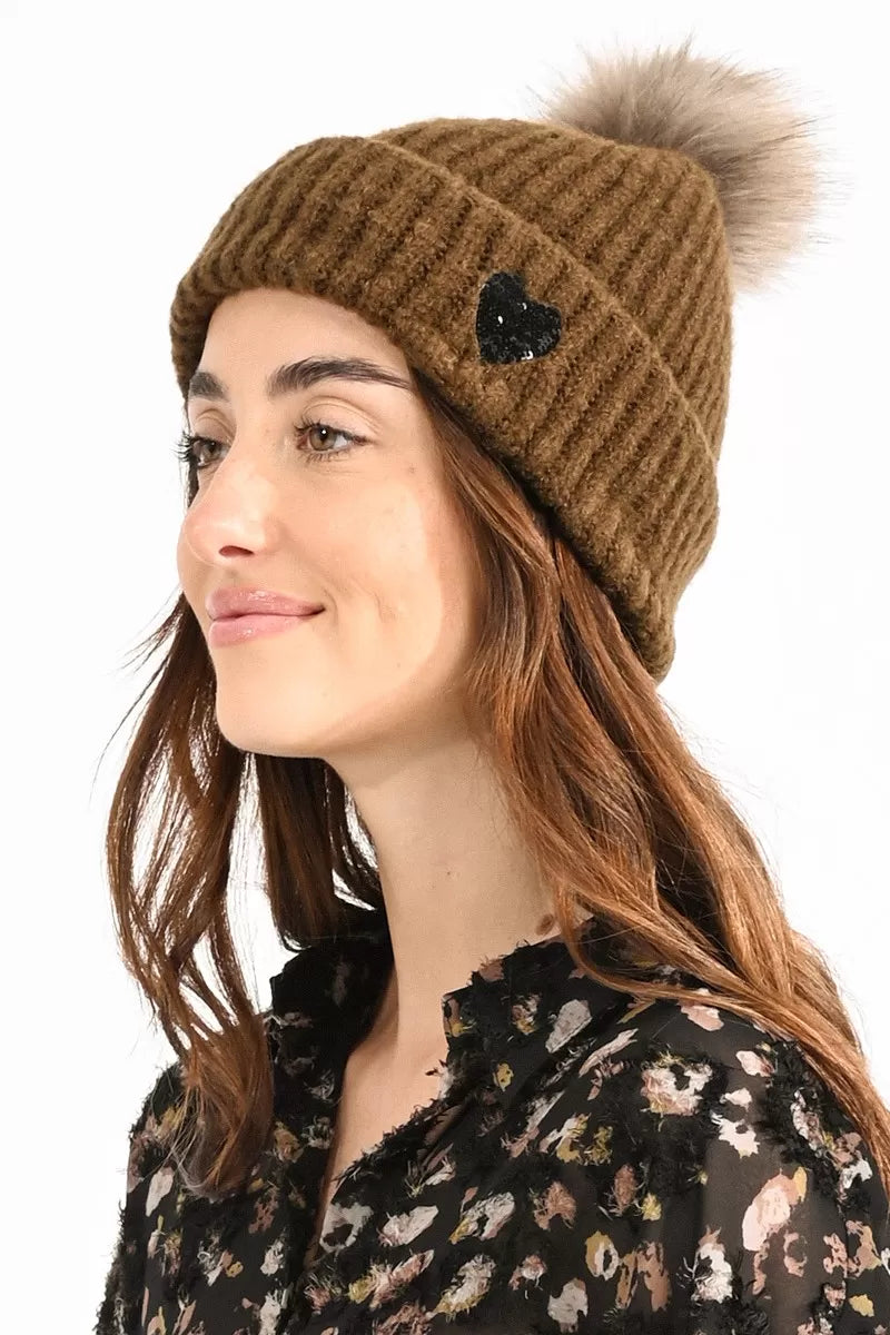 Sequin Heart Knitted Cap