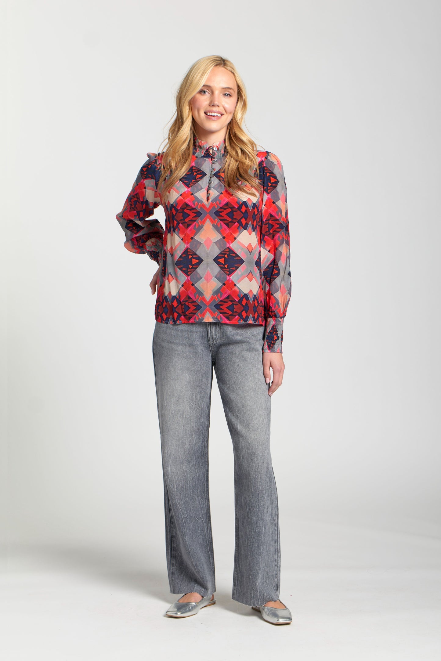 Puff Sleeve Blouse W/Ruched Detail-RED Top