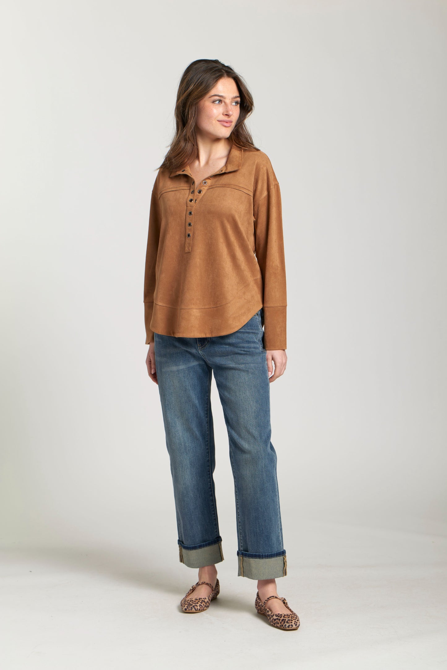 Faux Suede Henley Carmel Top