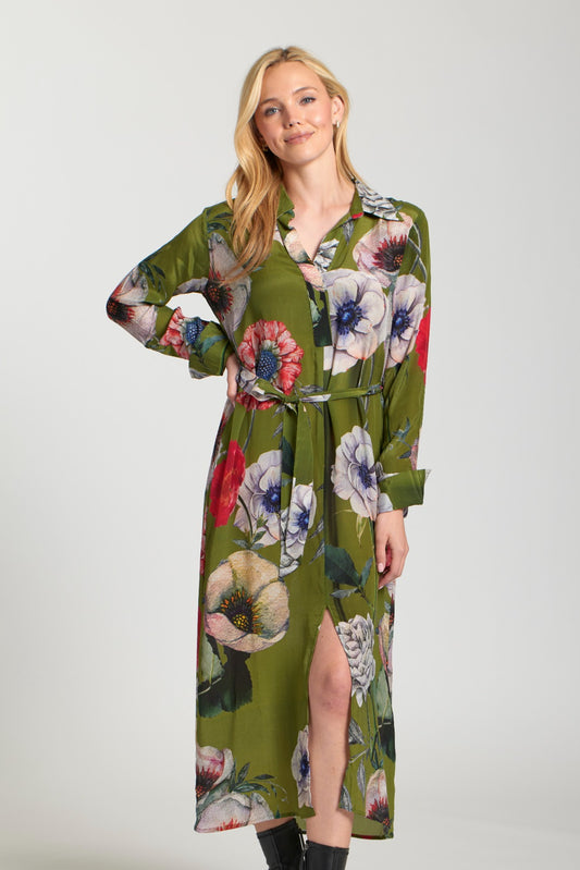 Half Placket Maxi Dress OLIVE GREEN MULTI