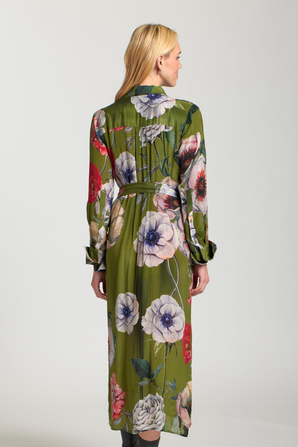 Half Placket Maxi Dress OLIVE GREEN MULTI
