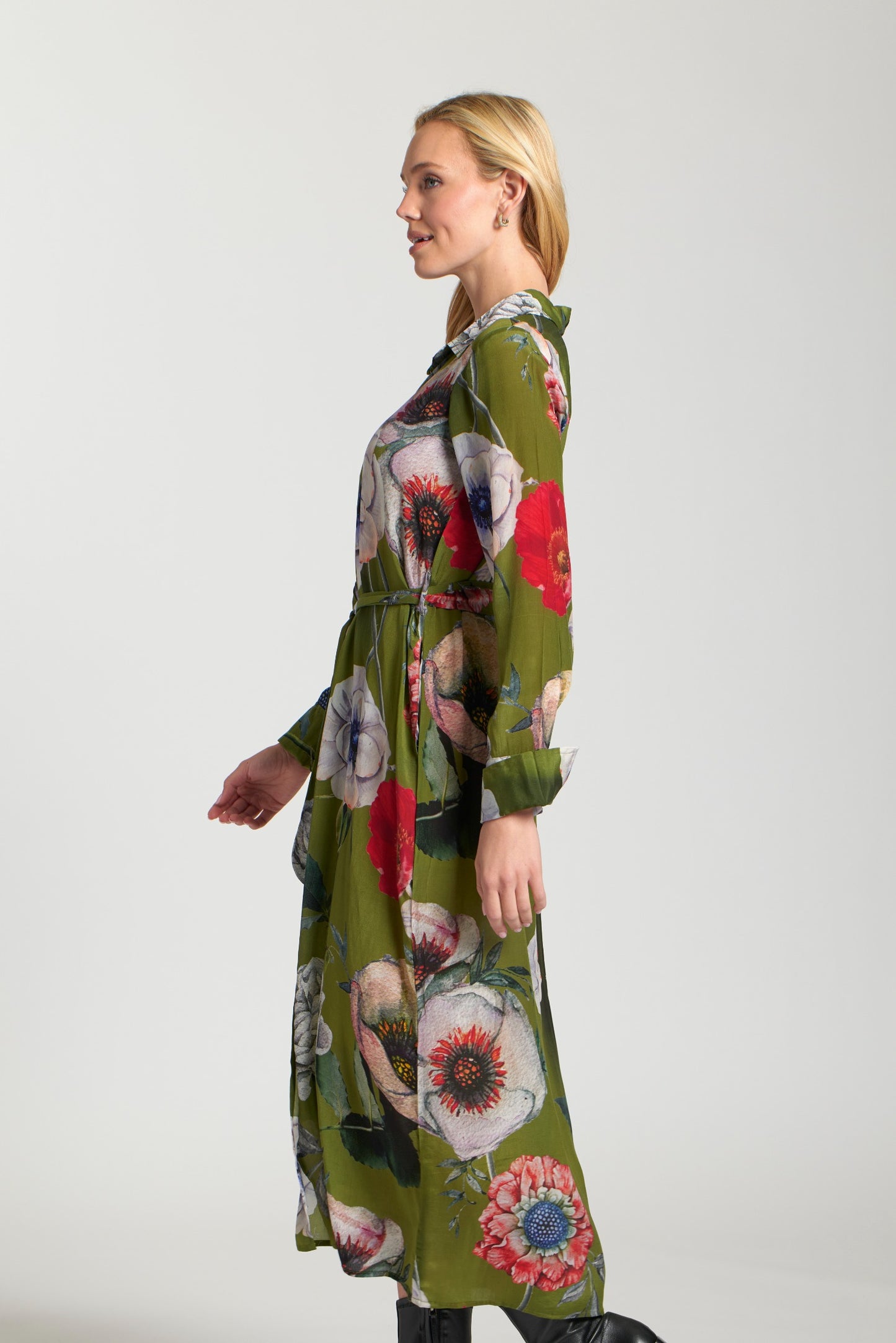 Half Placket Maxi Dress OLIVE GREEN MULTI