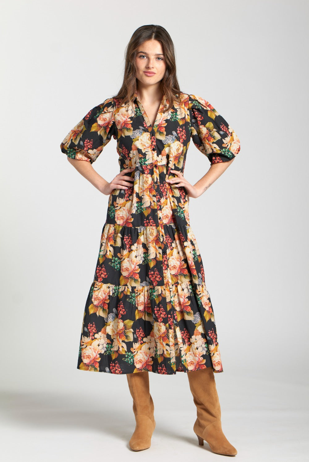 Long Tiered Dress w/ Elbow Sleeves-BLACK MULTI