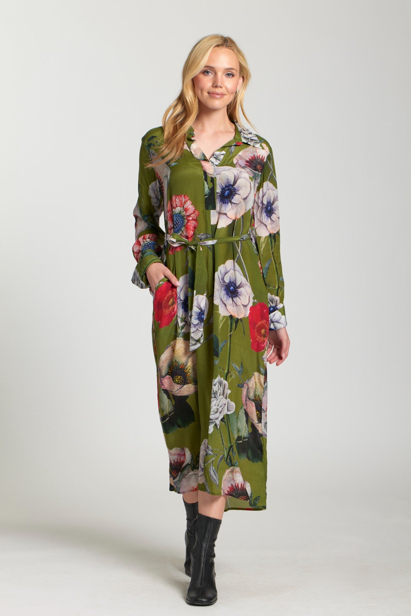 Half Placket Maxi Dress OLIVE GREEN MULTI