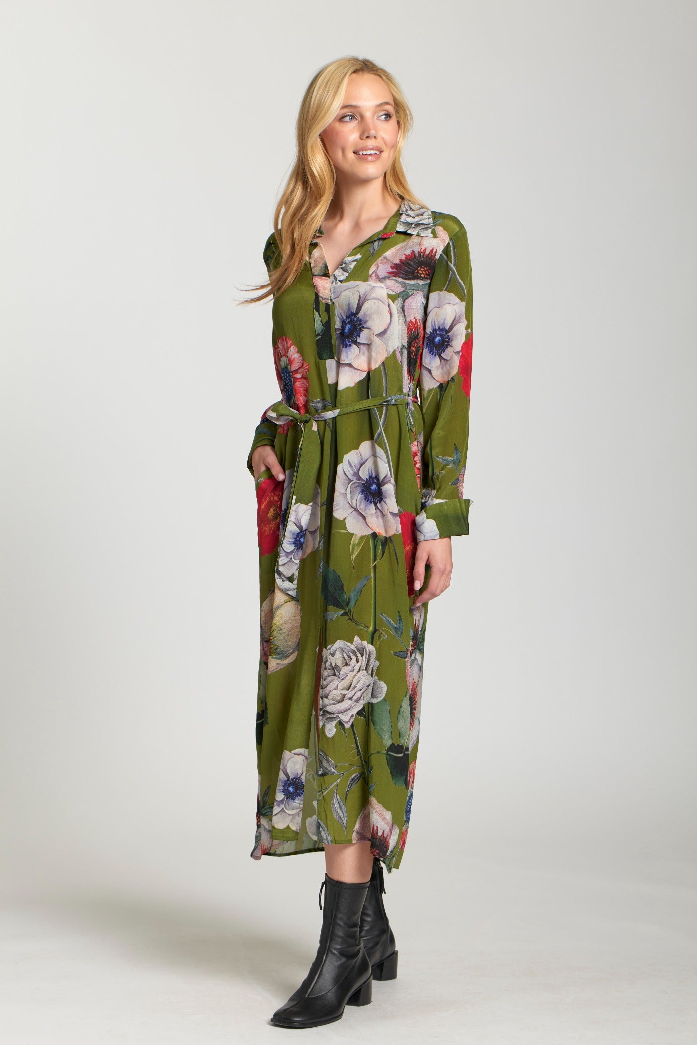 Half Placket Maxi Dress OLIVE GREEN MULTI