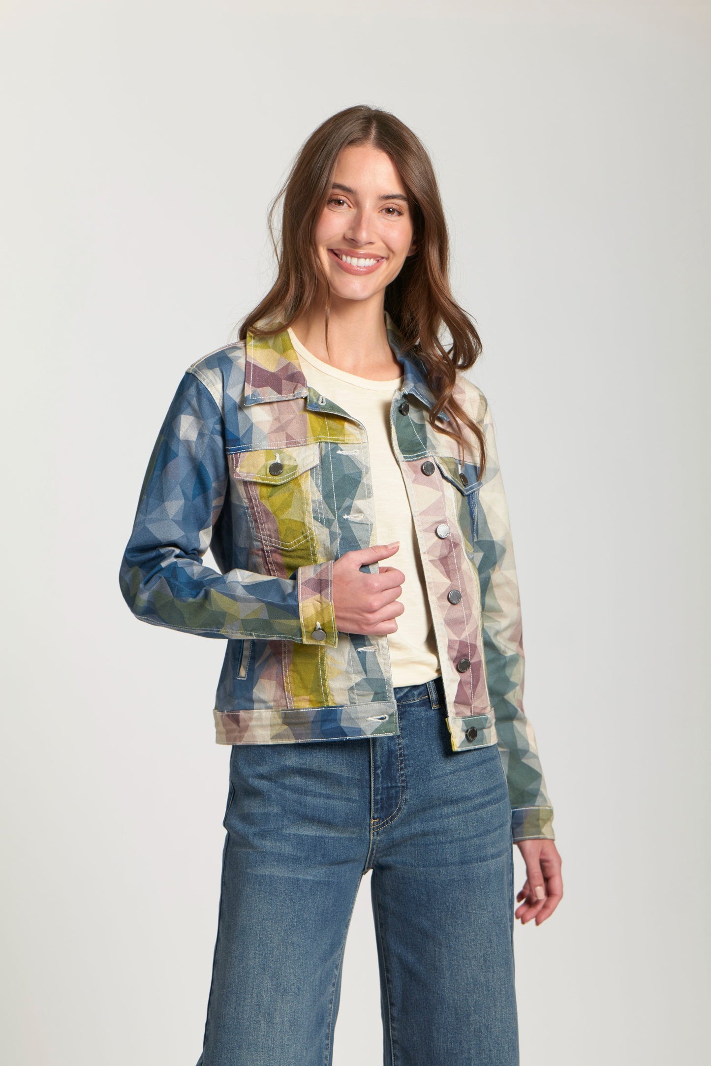 OLIVE MULTI Printed Denim Jacket