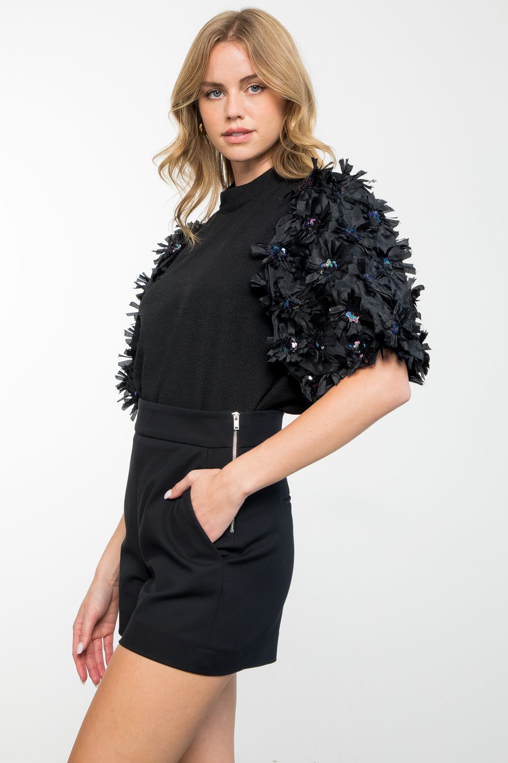 Puff Sleeve w/ Flowers Textured Top