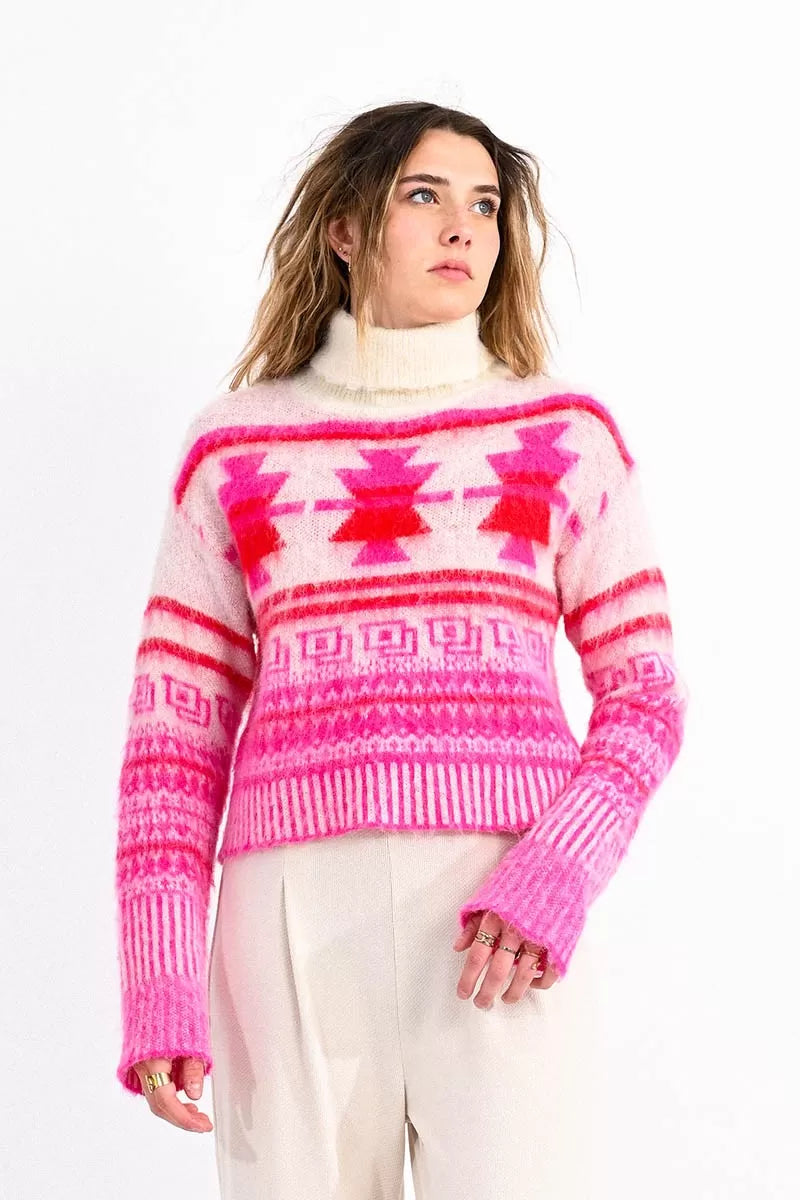 Fair Isle Turtleneck Sweater Pink/Winter White