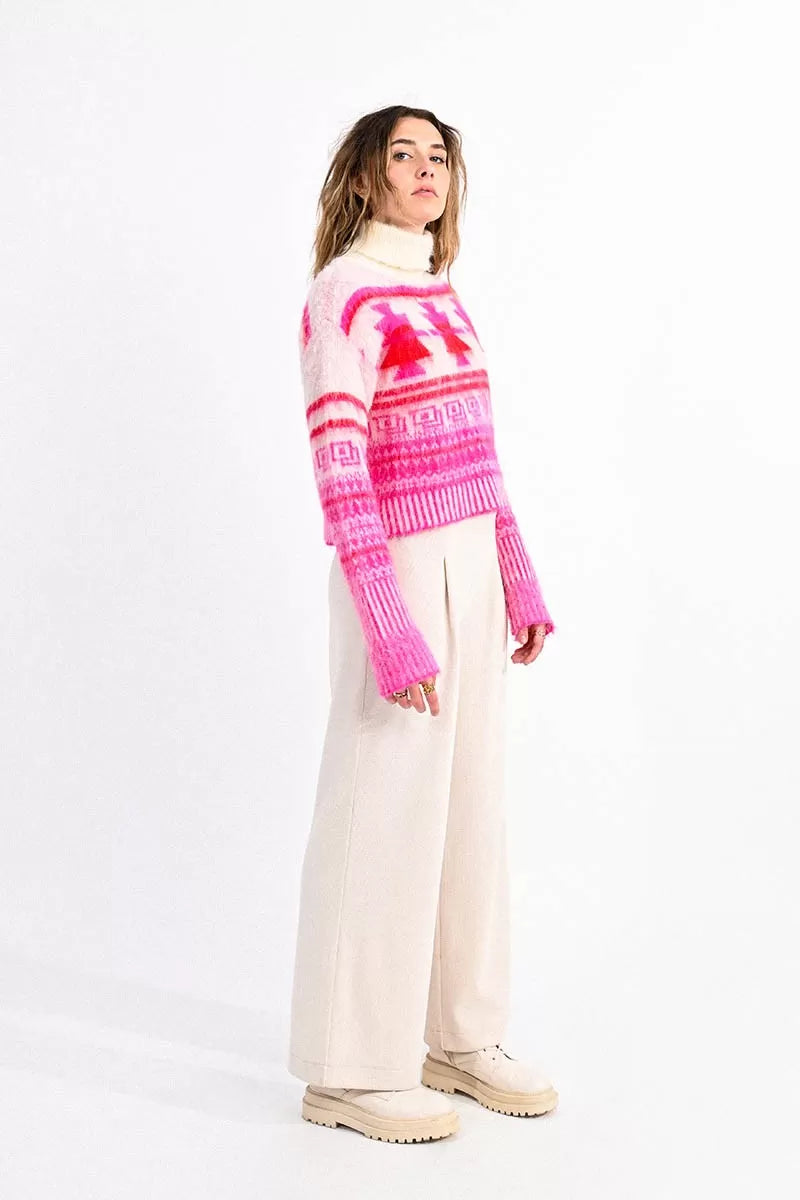 Fair Isle Turtleneck Sweater Pink/Winter White