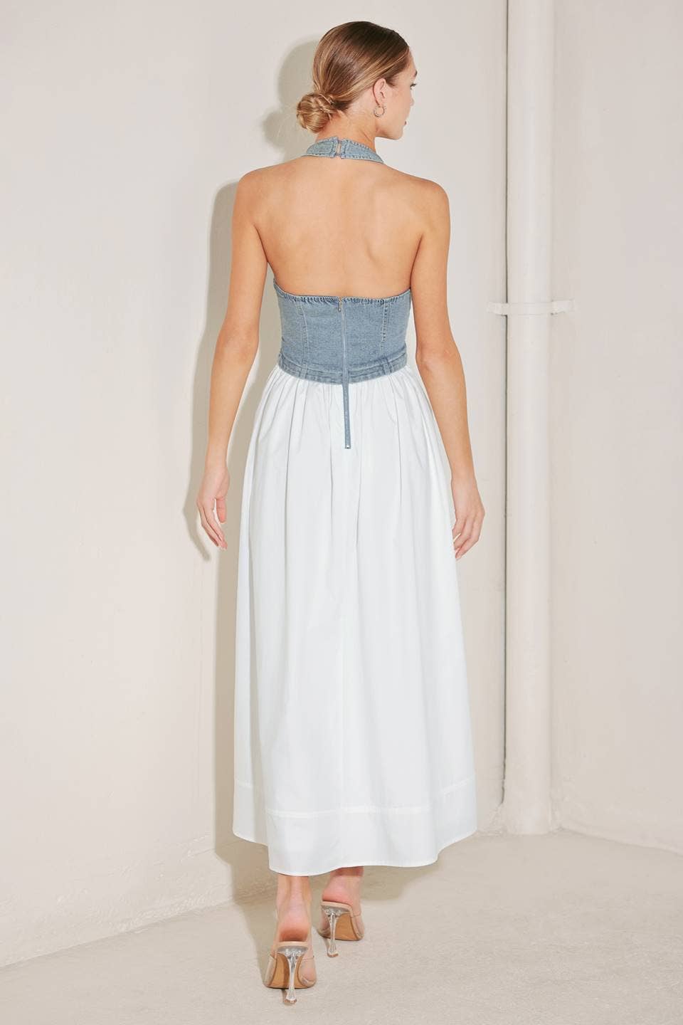 Woven midi dress DENIM/ WHITE