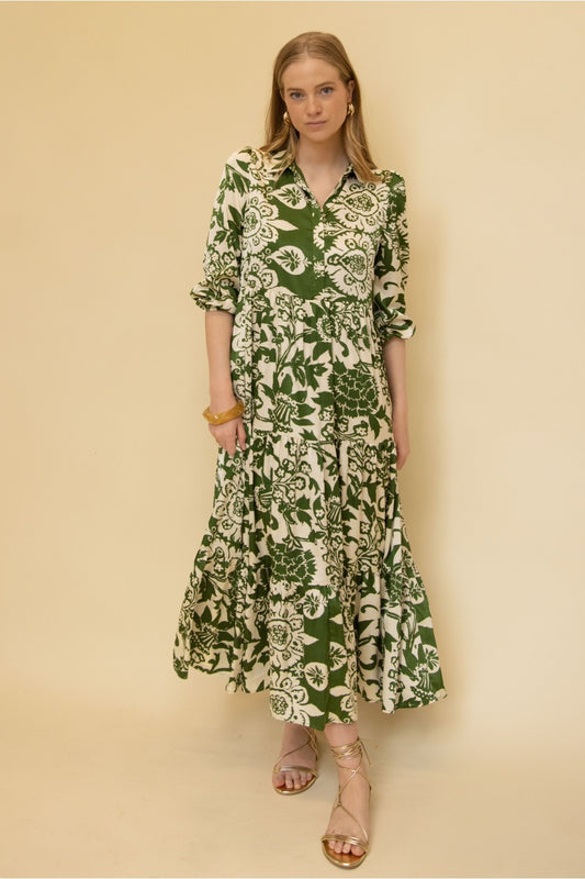 2-Tone Print Satin Collared ¾ Sleeve Tiered Maxi Dress