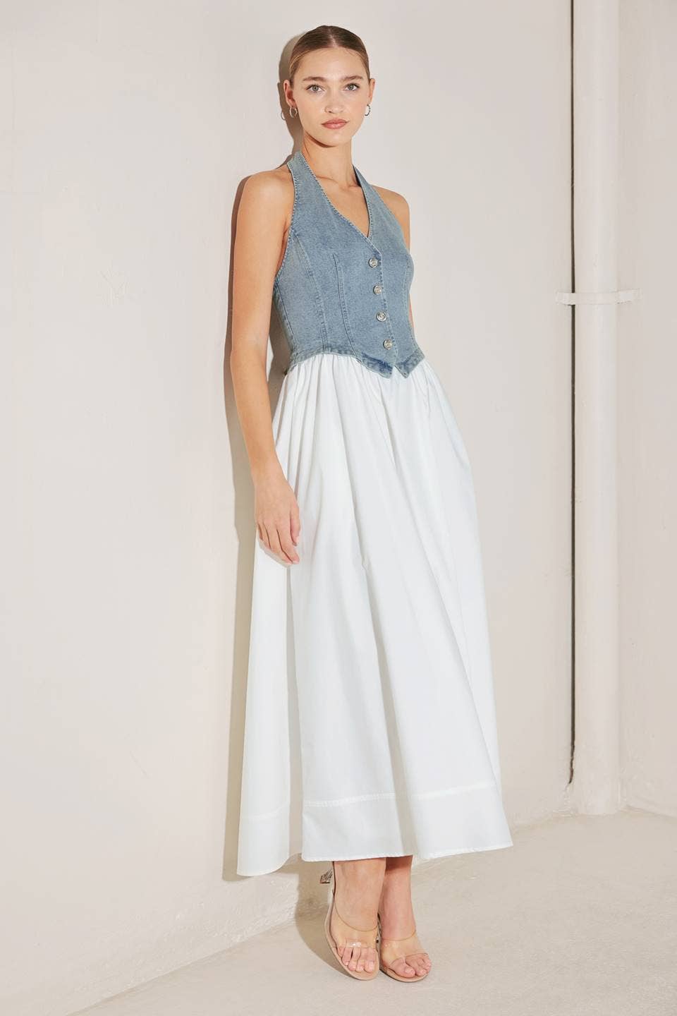 Woven midi dress DENIM/ WHITE