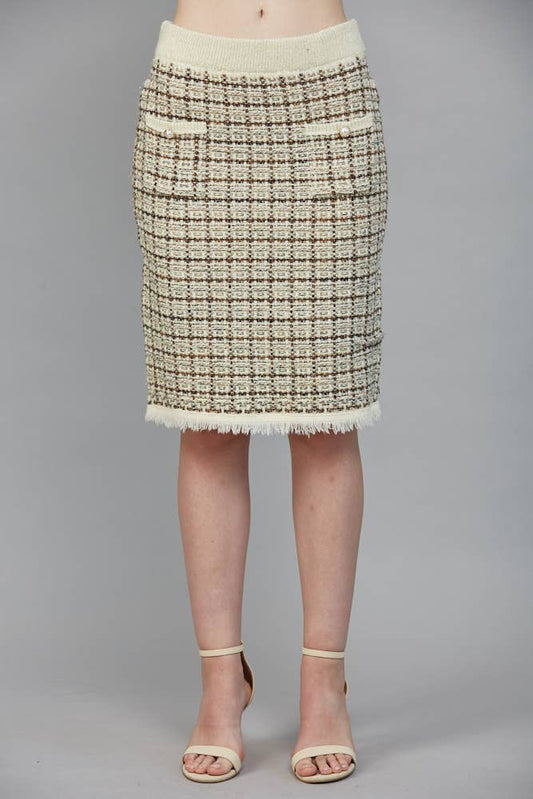 Check Pattern Tweed Knit Ivory Multi Skirt