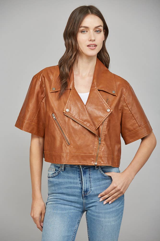 Notch Lapel Collar Short SLV Faux Leather Jacket