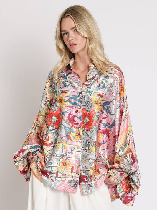 Modern Graphic Floral Printed Satin Blouse One Size