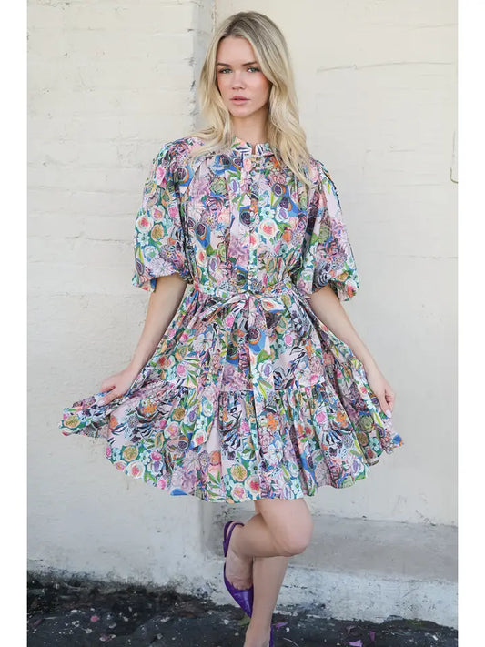Multi Floral Puff Belted Dress