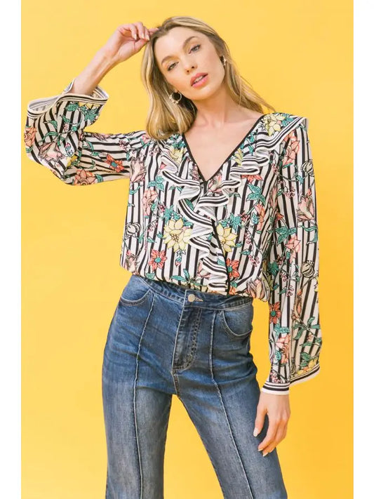 Ruffled Floral Stipe Top