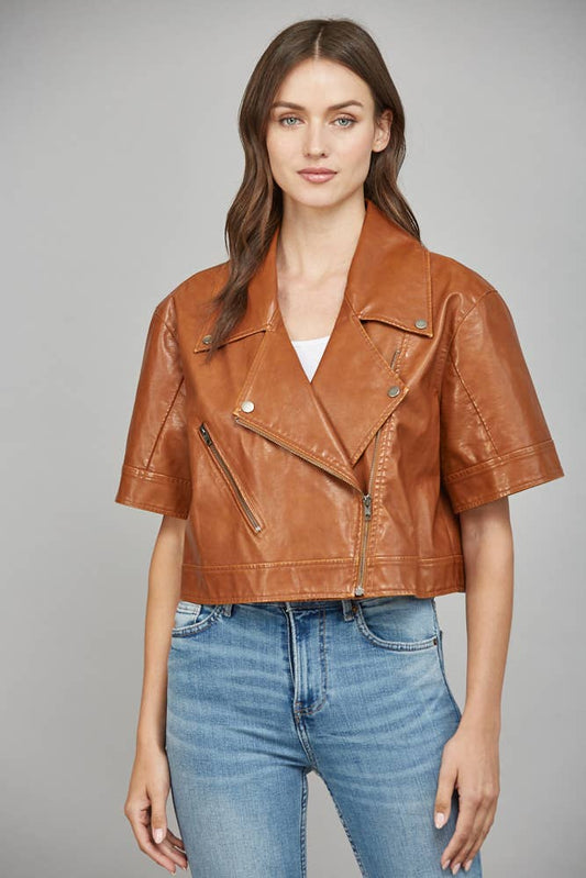 Notch Lapel Collar Short SLV Faux Leather Jacket