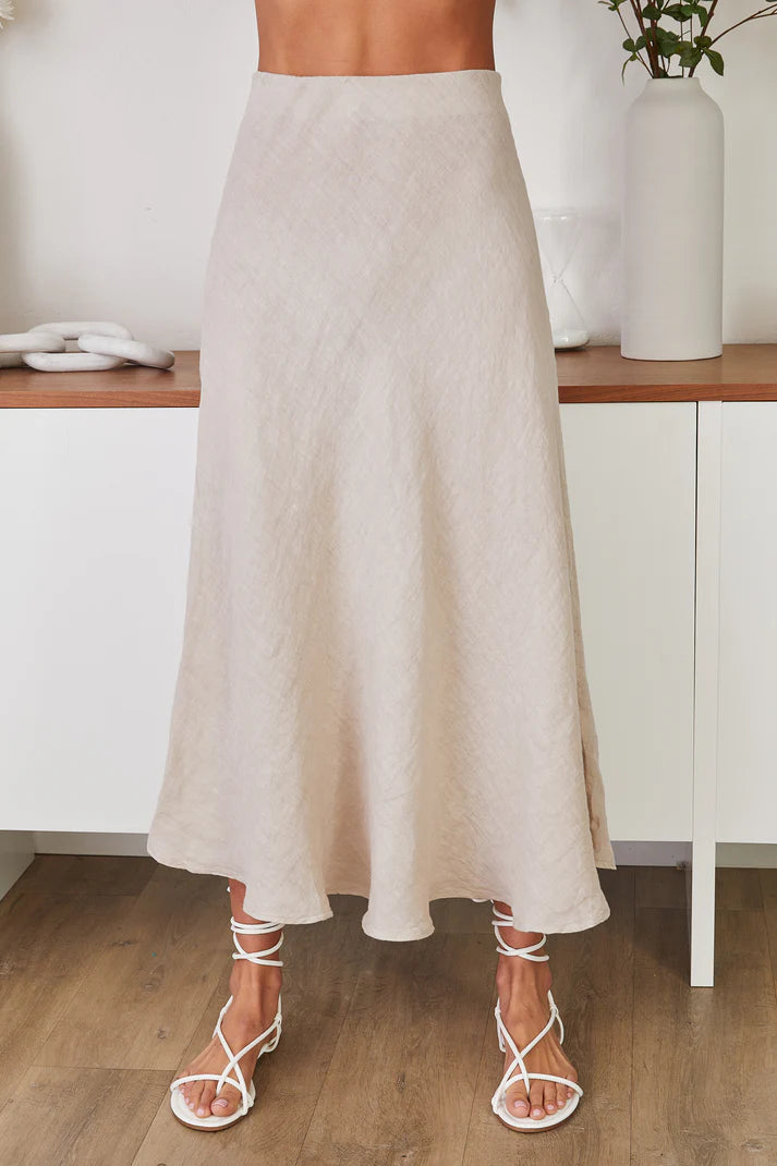 Crinkle Linen Midi Skirt-Butter