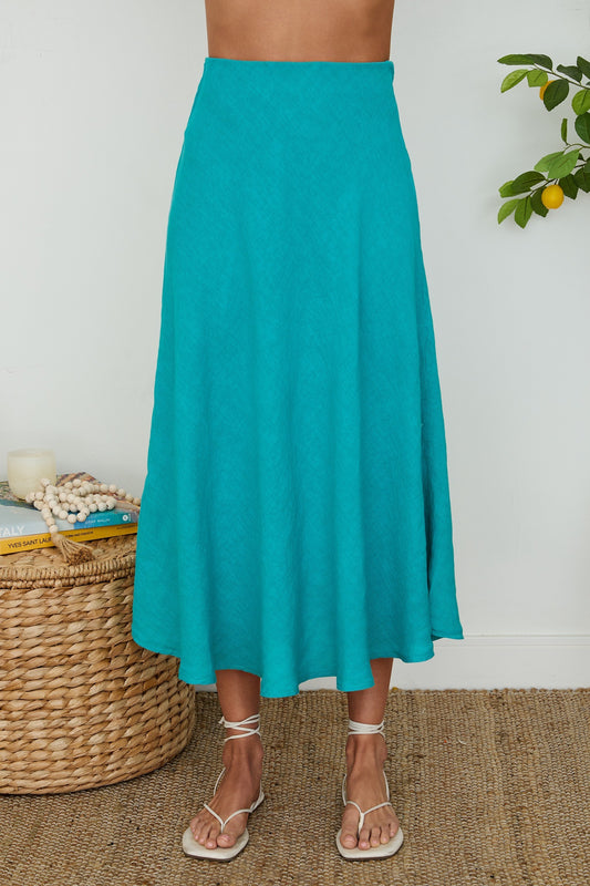 Crinkle Linen Midi Skirt Teal