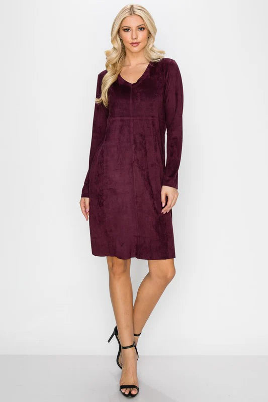 V- Neck Long Sleeve Faux Suede Dress