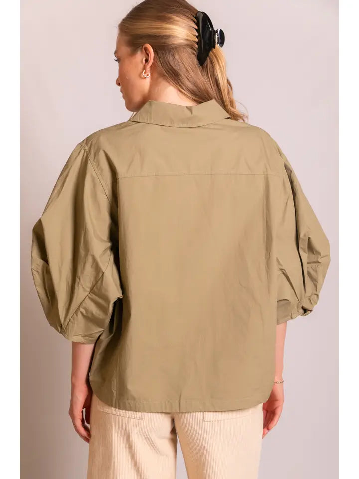 Poplin Bishop Sleeve Button Up Shirt