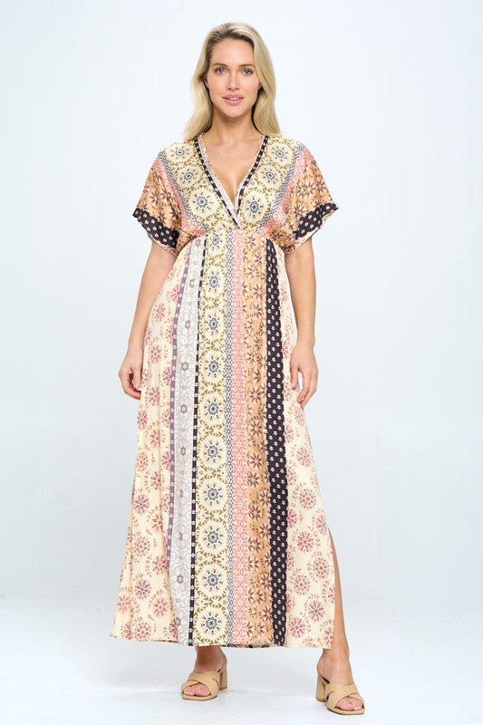 Boho Print Kimono Maxi Dress with Side Slit