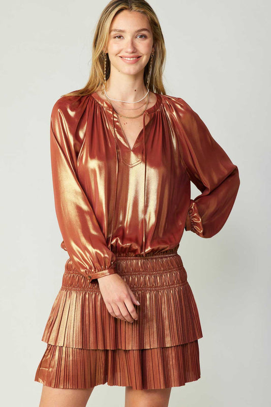 Copper Iridescent Long Sleeve Pleated Mini Dress