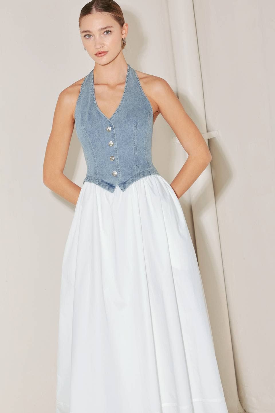 Woven midi dress DENIM/ WHITE