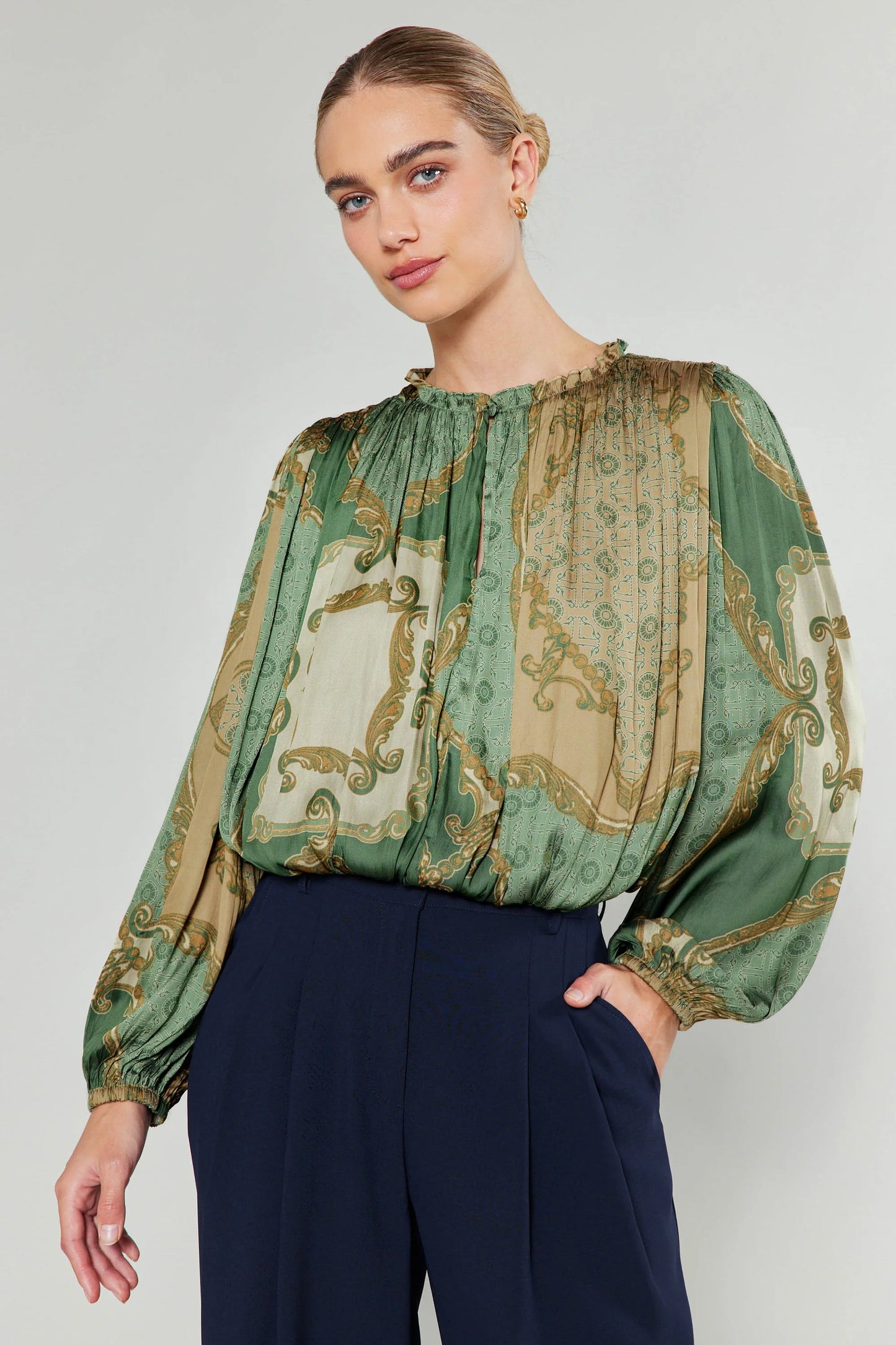 L/Sleeve Split-neck Bubble Hem Blouse