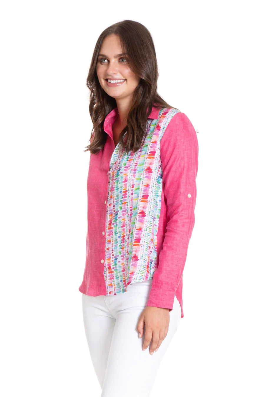 Button-up Top with Roll up Tab Sleeve/ Mix Media