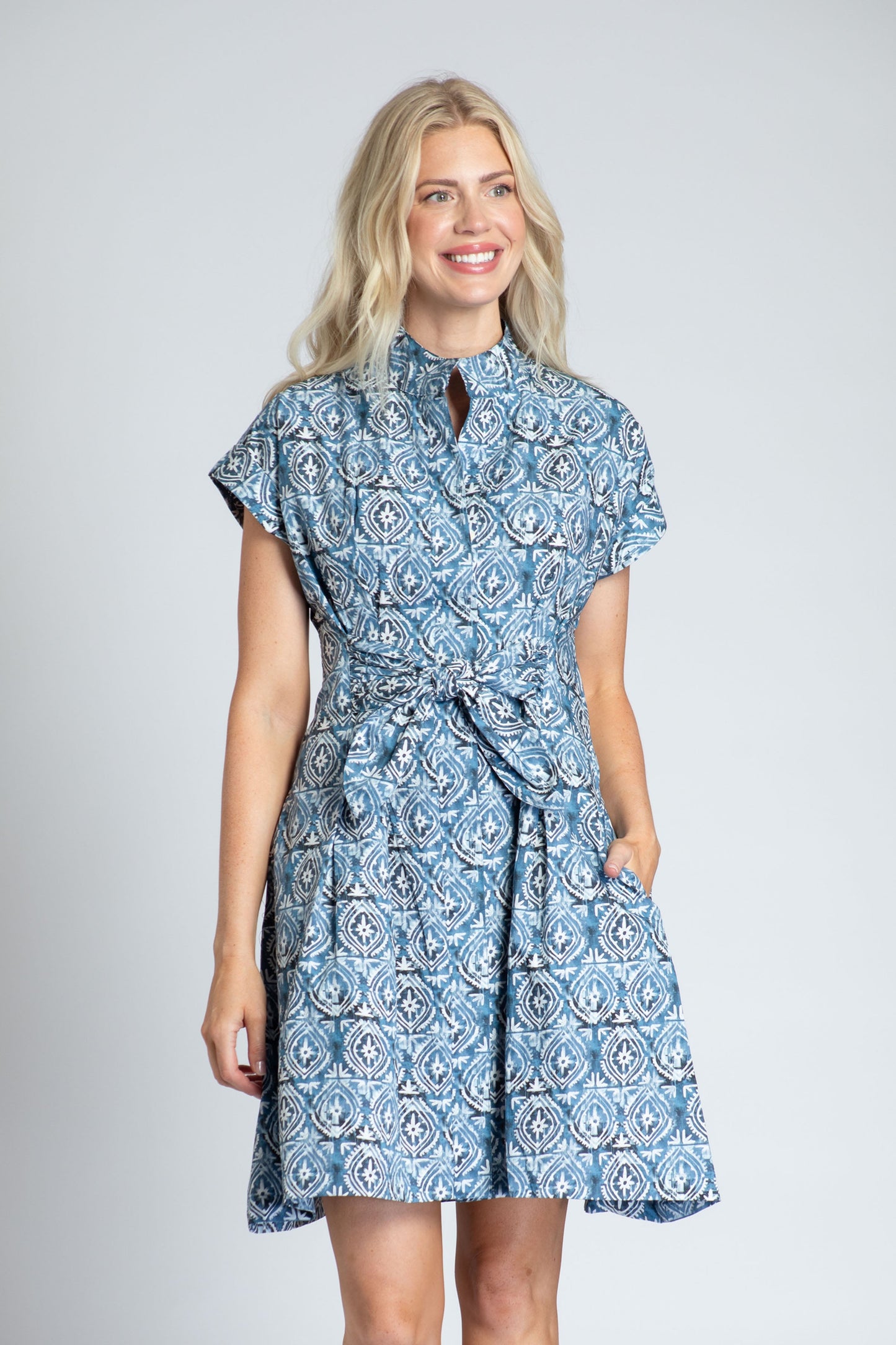 Short Sleeve Shirt Dress With Self Tie