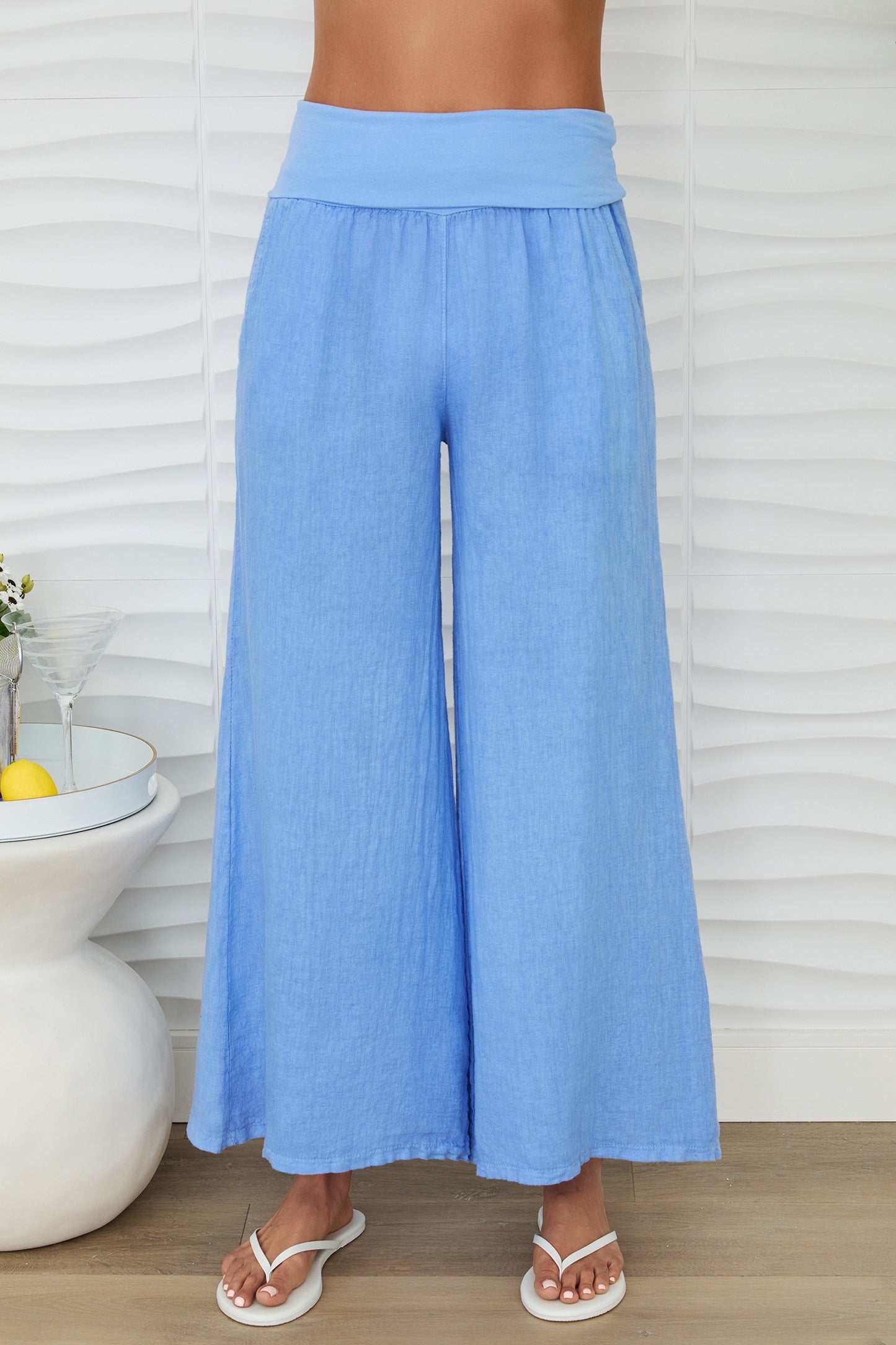 Fold Over Waist Linen Palazzo