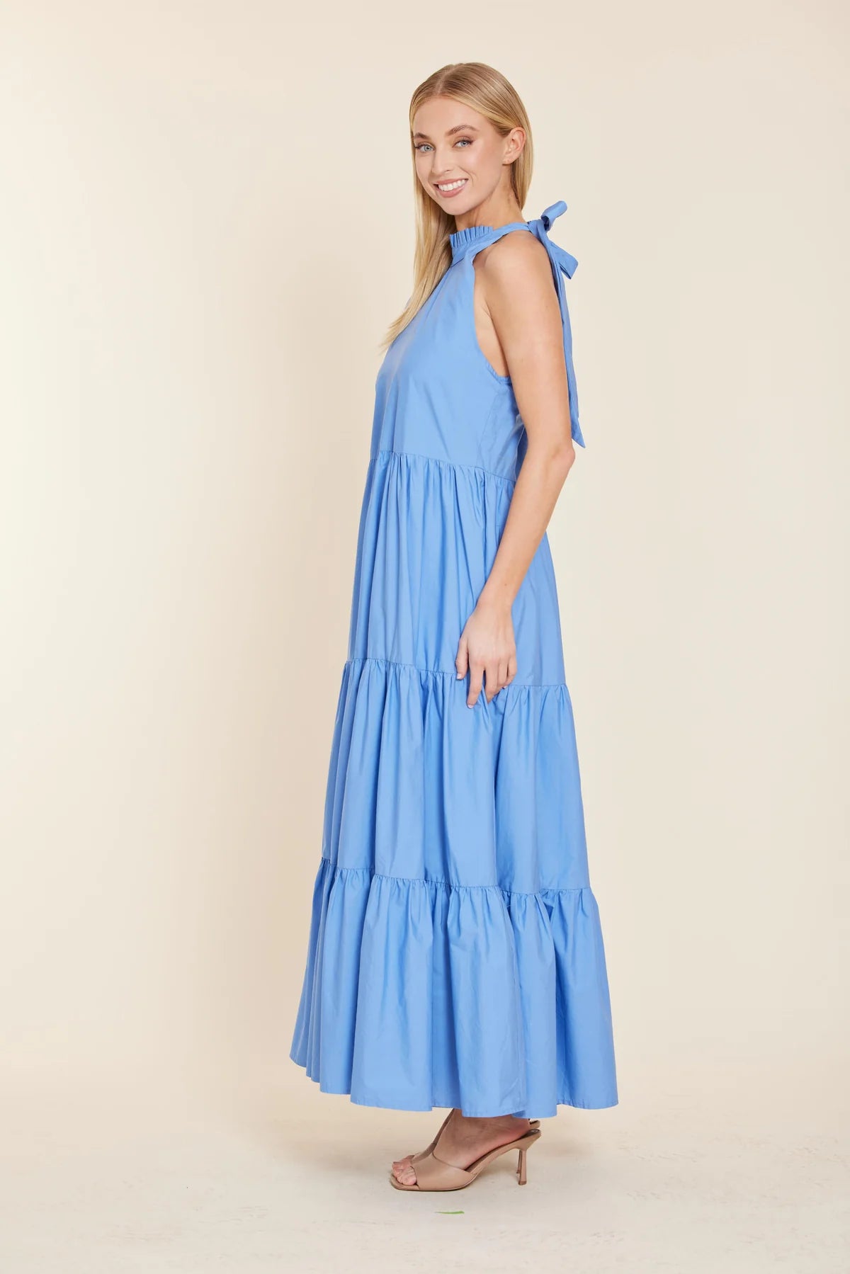 Poplin Tie Neck Tiered Dress