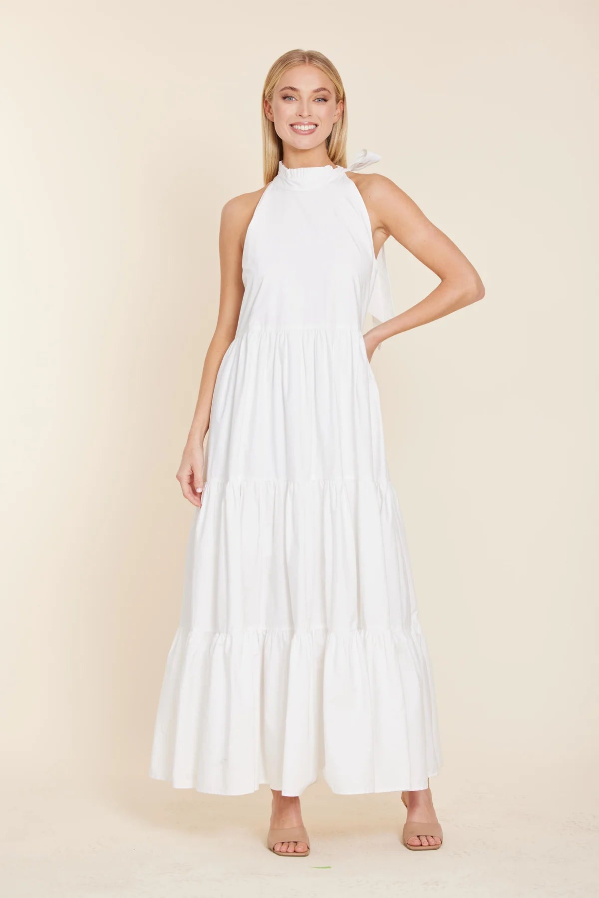 Poplin Tie Neck Tiered Dress