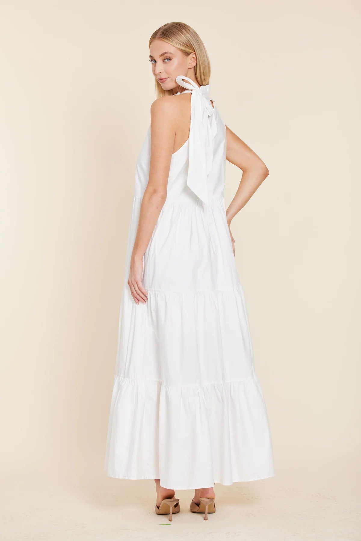 Poplin Tie Neck Tiered Dress