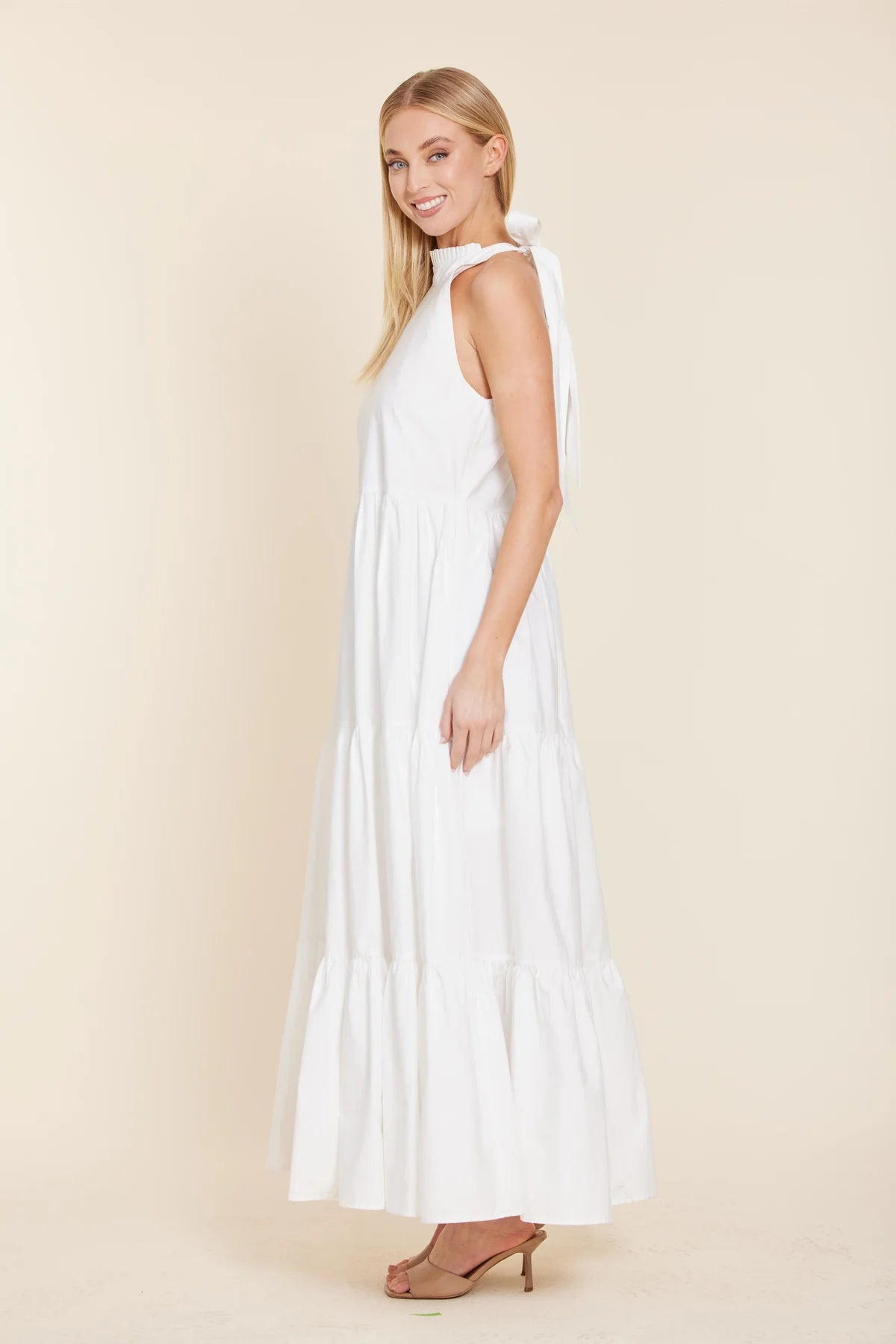 Poplin Tie Neck Tiered Dress
