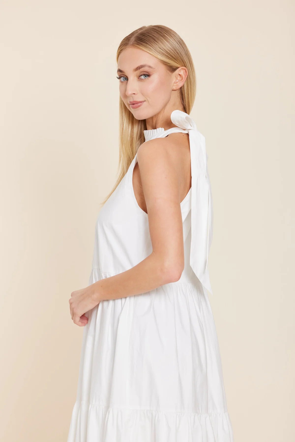 Poplin Tie Neck Tiered Dress