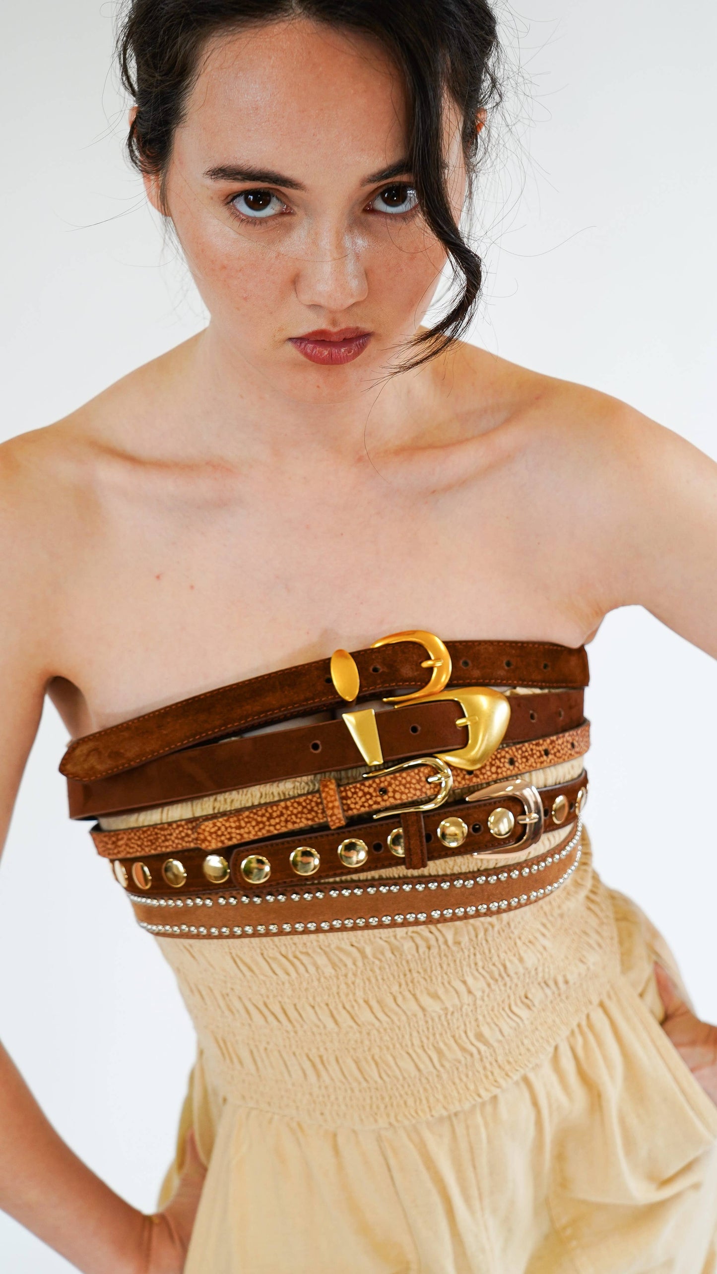 Suede Belt with Curved Gold Buckle Caramel / Small