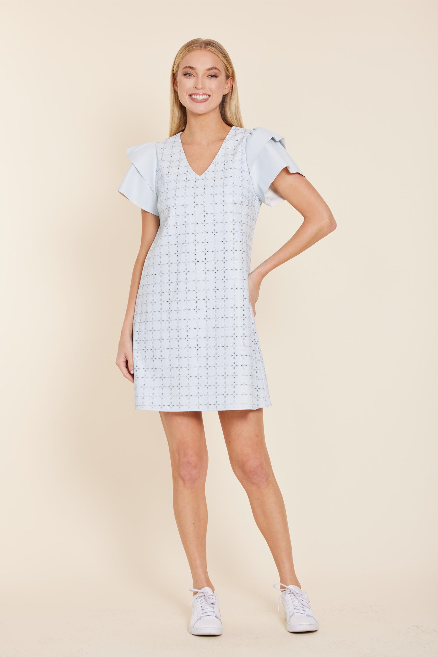 Vegan Leather Embroidered Flutter Sleeve Dress