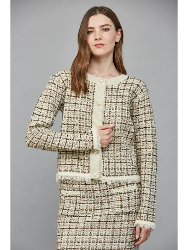 Check Pattern Tweed Cardigan