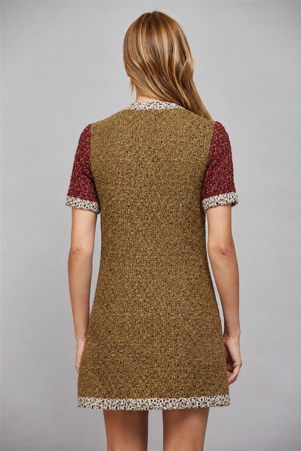 Mixed Tweed Dress w/ Contrast Trim