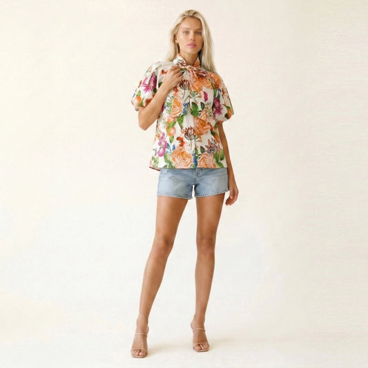 Tangerine Bloom Tie Neck Blouse