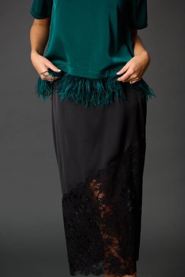 Satin Skirt W/ Asymmetrical Lace