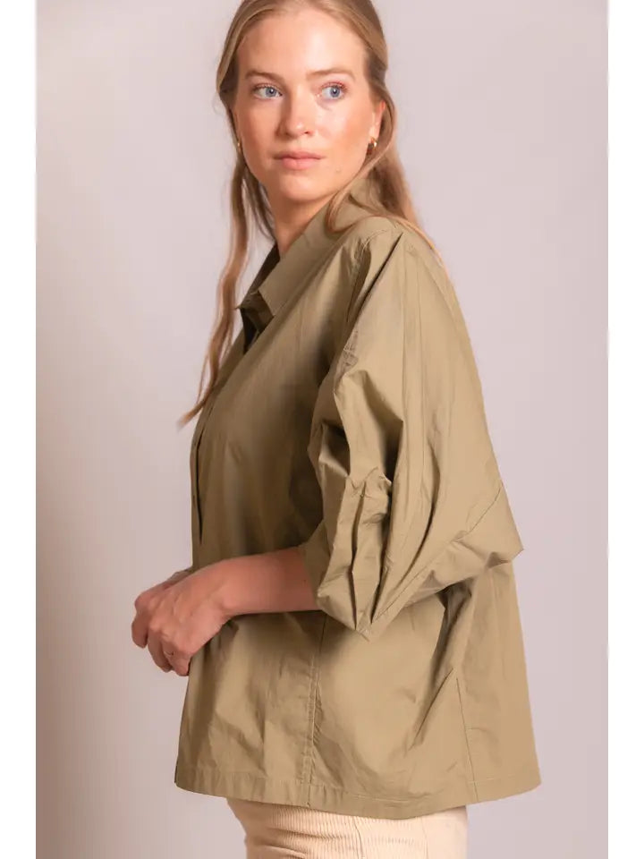 Poplin Bishop Sleeve Button Up Shirt