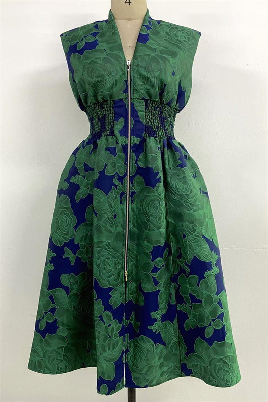 Floral Jacquard Front Zip Blue/ Green Dress
