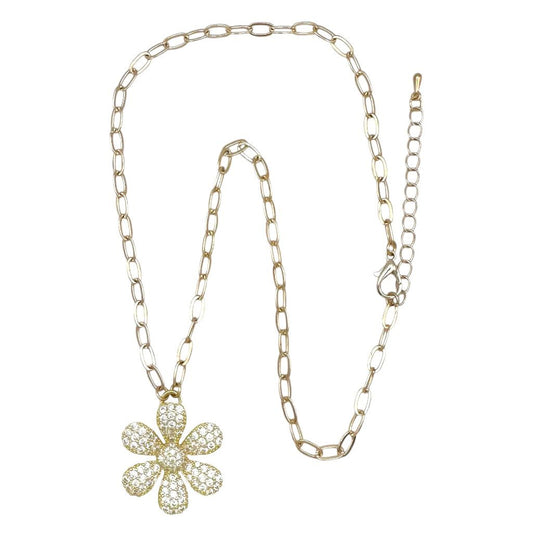 GOLD CHAIN NECKLACE W/PAVE FLOWER PEND JN3119