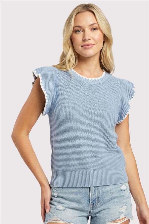 Blanket Stitch Ruffle Short Sleeve Top-Chambray