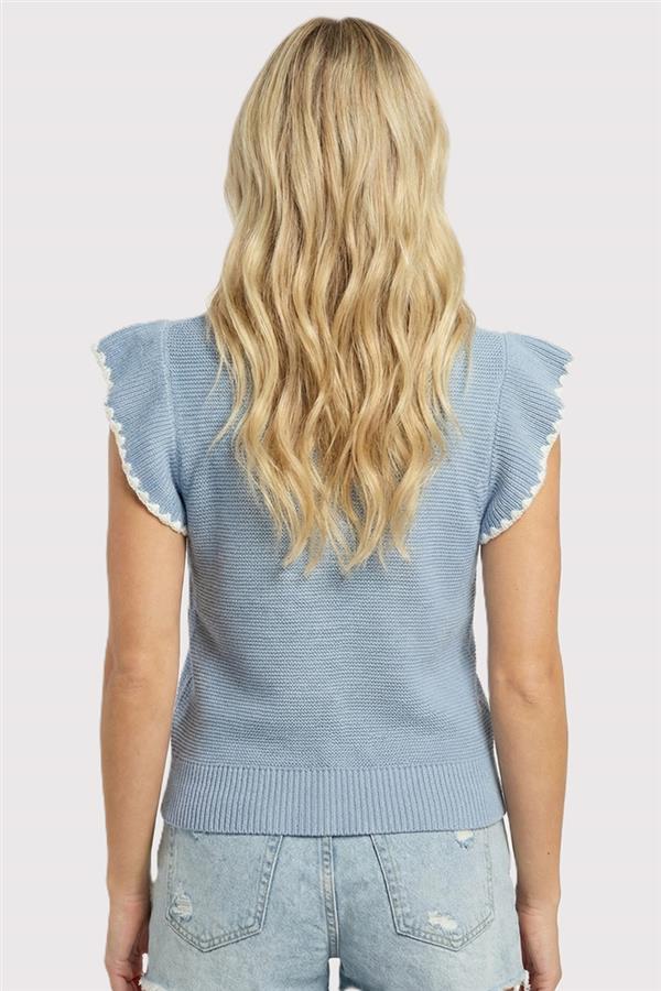Blanket Stitch Ruffle Short Sleeve Top-Chambray